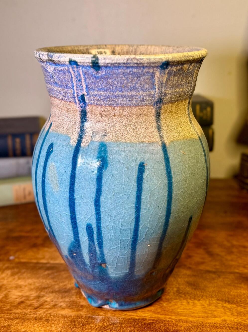 Vintage Signed Blue Drip Glaze Stoneware Vase – Arts & Crafts Ceramic Decor